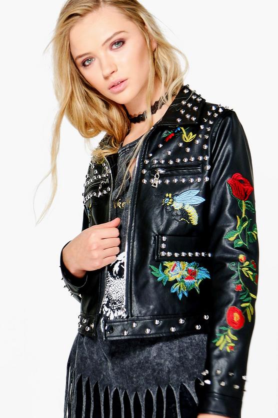 Hannah Embroidered Studded Biker Jacket